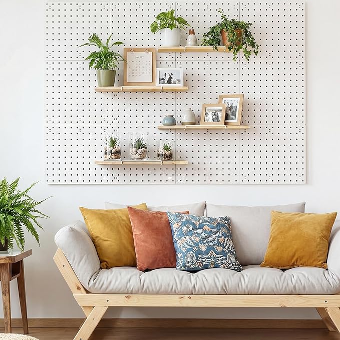 Wonderjune 4 Pcs Wooden Pegboard Shelves with Metal Pegboard Shelf Brackets Peg Board Display Storage Tray Wall Organizer Peg Board Accessories for Craft Room Home Kitchen (Brown,13.78 x 5 Inch)
