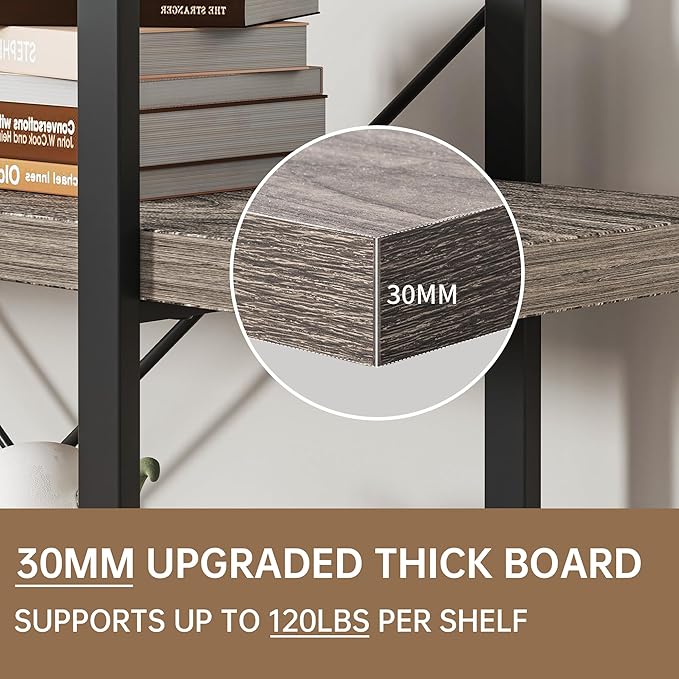 OtterOasis Bookshelf Set of 2, Heavy Duty 4-Tier Industrial Bookcase, 47" Wide Wood Bookshelf for Home Office, 120lbs Shelf Capacity, Rustic Display with Horizontal Shelf for Living Room Bedroom,Grey