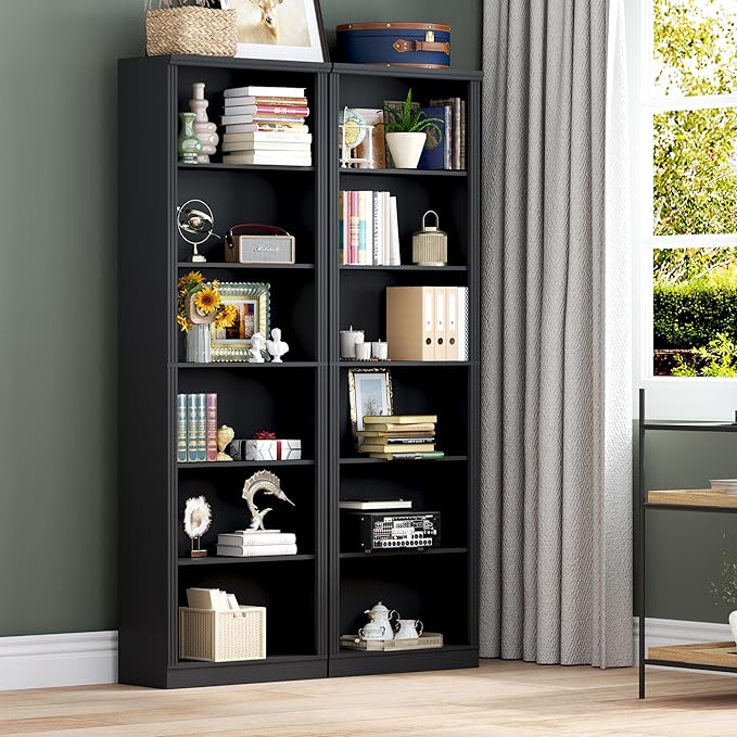 BORNOON 75" Tall Bookshelf, 6-Tier Floor Standing Bookcase with 2 Adjustable Shelves, 24" Wide Open Storage Shelf, Modern Display Organizer for Home Office, Living Room, Bedroom, Study