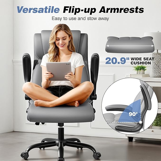 BESTFAIR Ergonomic Office Chair - Desk Computer Chair, Leather High Back Executive Chairs with Adjustable Lumbar Support & Flip Up Arms, Gray 6 Pack