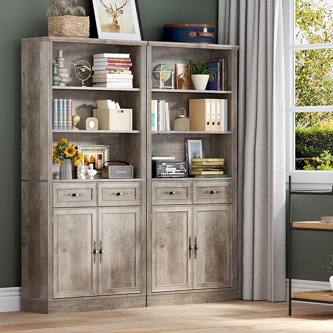 BORNOON 70.1" Tall Bookshelf with Drawers & Cabinet, 5-Tier Floor Standing Bookcase with Storage Doors, Adjustable Shelves & Metal Handles, 31.5" Wide Organizer for Home Office, Living Room