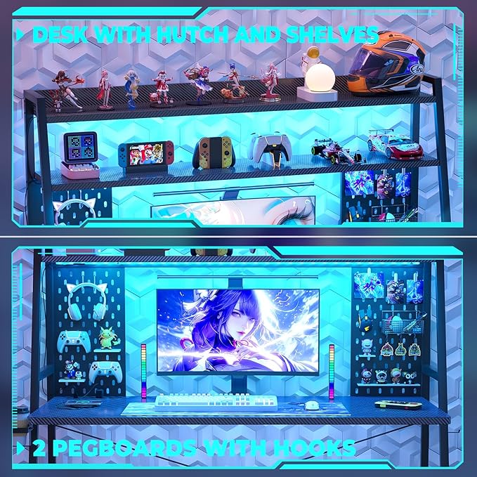 Besiost Gaming Desk with Hutch and LED Lights, Gaming Computer Desk with Power Outlets, Gamer Desk with Storage Shelves, PC Game Desks with Pegboards, for Bedroom, Carbon Fiber Black, 49"