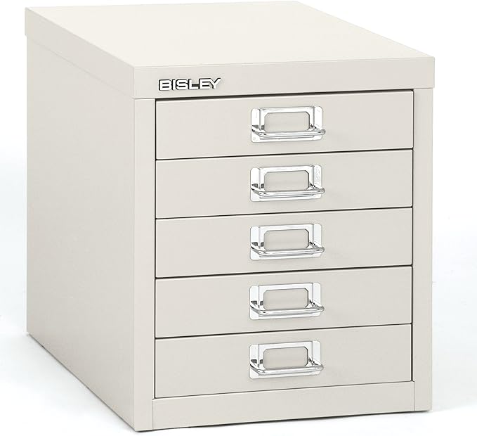Bisley 5-Drawer Steel MultiDrawer Cabinet - Traffic White, Chrome Pull Handles with Label Holders, Powder-Coated Steel, Removable Drawers, Desktop Storage, Labels Included