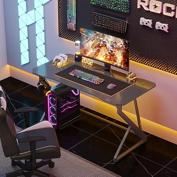 Grandder Gaming Desk Z Shaped 47 Inch Gamer Workstation, Home Computer Carbon Fiber Surface Gaming Desk PC Table with Headphone Hook, Carbon Fiber Grey