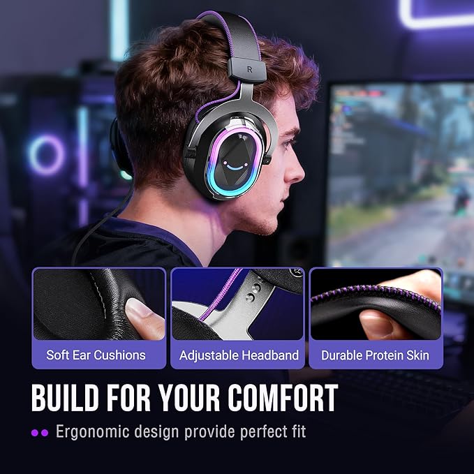 FIFINE Wired USB Gaming Headset: 7.1 Surround Sound - Vibrant Customizable RGB - Game/Chat Balance, Gamer Headphone with Noise Canceling Mic for PC, PS5/PS4, Laptop, Mac - AmpliGame H13BP