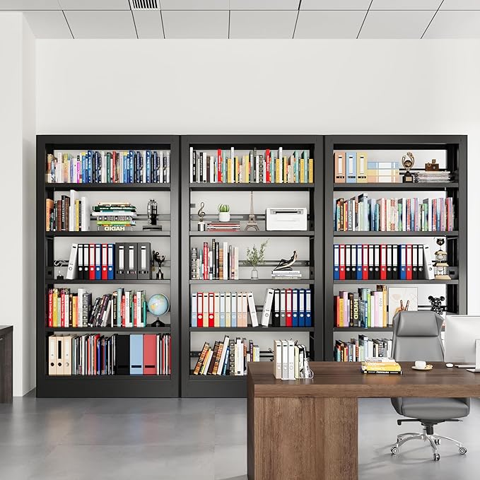 71" Metal Bookshelf,5 Tier Black Bookshelf with Adjustable Shelves,Heavy Duty Bookshelves and Bookcases,Tall Bookcase for Living Room,Library,Office,Including Book Stopper (Black, 37.4" Wide)
