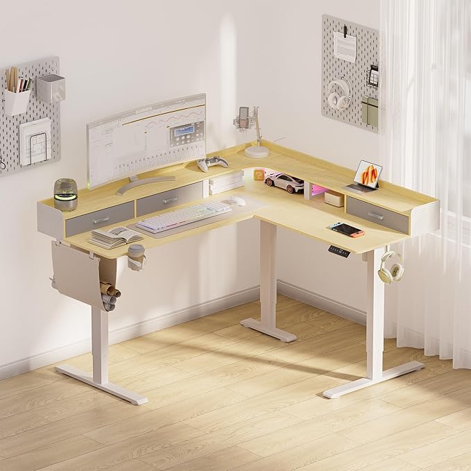 WALKINGDESK 63 Inches Height Adjustable L Shaped Standing Desk with 3 Drawers and Monitor Shelf, Electric Sit to Stand Home Office Comupter Table, Ergonomic Corner Gaming Desk, Oak