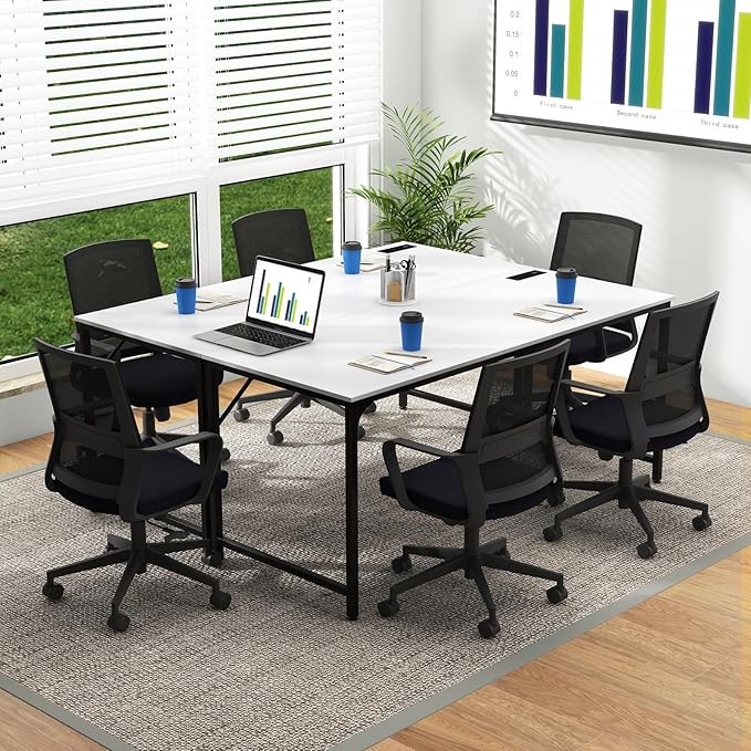 Tangkula 60" Conference Desk Set of 6, Modern Boardroom Desk with Storage Bag, Headphone Hook, Sturdy Metal Frame, Rectangular Seminar Table with Charging Station