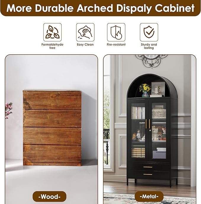 VEXPOR 73 in Tall Metal Arched Cabinet, Kitchen Pantry Cabinet with Glass Doors, Modern Farmhouse Arched Bookcase with 2 Drawers and 2 Adjustable Shelves for Living Room, Black, Assembly Required