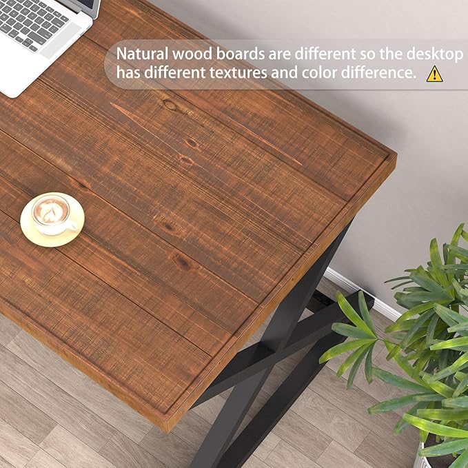IBF Solid Wood Work Desk, Minimalist 47” Real Wood Computer Desk, Rustic Natural Wood Desk for Home Office Writing Study, Vintage Wooden PC Gaming Computer Table Workstation in Bedroom, Brown, 47 inch