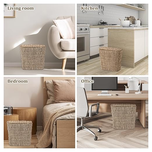 Wicker Waste Basket with Lid and Liner, Woven Seagrass Trash Can, Bathroom Trash Can, Boho Garbage Wastebasket for Bedroom Home Living Room Office Kitchen, 2.5 Gallon