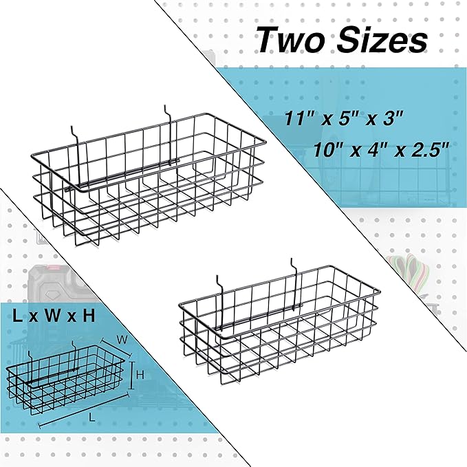 Pegboard Basket Set of 2, Medium + Small Size Basket, Black - Hooks to Any Peg Board - Organize Tools, Workbench, Accessories, Garage Storage - Wall Organizer Attachments