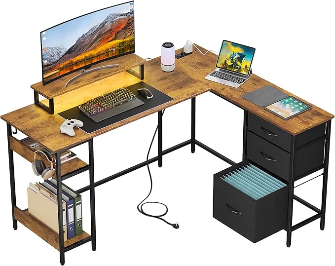 DEVAISE L Shaped Desk with Drawers and Storage, L Shaped Office Desk with Power Outlets, CPU Stand, Monitor Stand, Gaming Table with LED, Corner Desk for Home Office (Rustic Brown, 55 * 46 Inch)