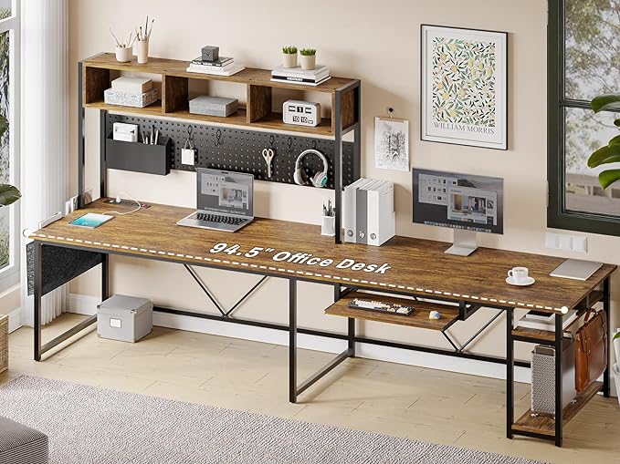 SEDETA L Shaped Computer Desk, Reversible Corner Desk with Power Outlet and Pegboard, Computer Desk with Led Lights, Keyboard Tray, Headphone Hook and Storage Shelves, Rustic Brown