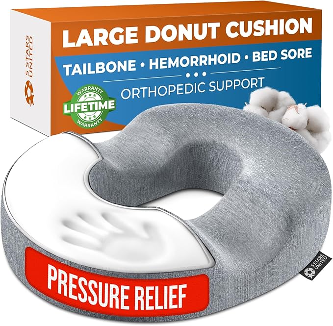5 STARS UNITED Donut Pillow Hemorrhoid Tailbone Cushion – Large Cushion for Pain Relief – Coccyx, Prostate, Sciatica, Pelvic Floor, Pressure Sores, Pregnancy, Postpartum Recovery, Gray