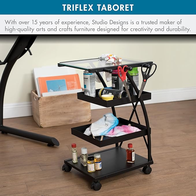 SD Studio Designs Modern Triflex Mobile Storage Taboret for Arts and Crafts, Charcoal/Clear Glass