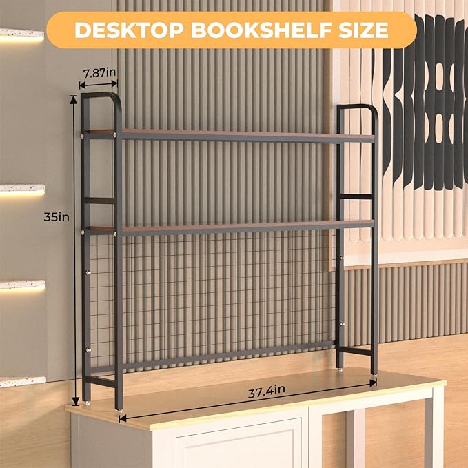 FAHKNS 2-Tier Desktop Bookshelf - Metal Desktop Bookshelf Organizer，Desk Book Organizer with 3 Hooks & DIY Storage Mesh，Suitable for Office/Game Room/Study/Powder Room（Black）