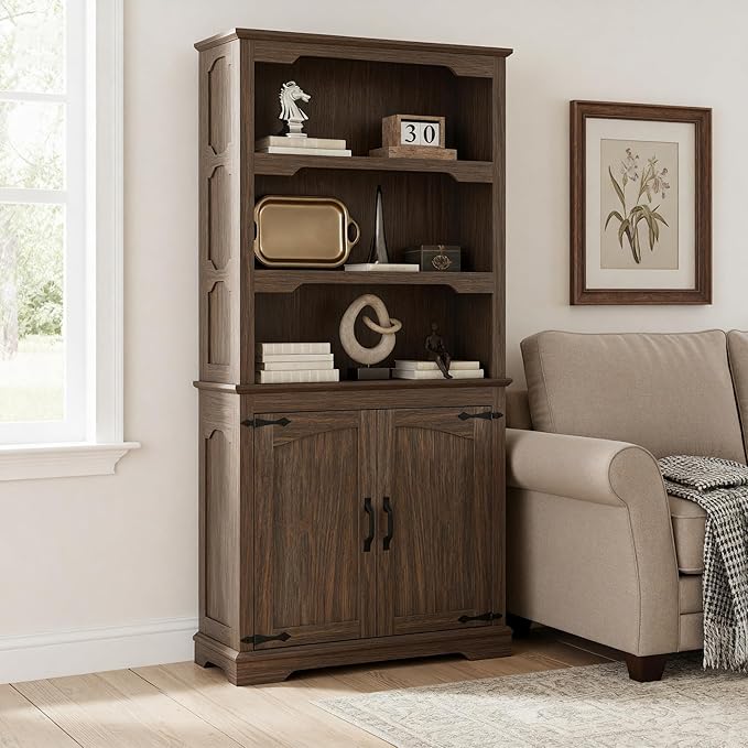 70 Inches Farmhouse Bookcase Bookshelf, Two-Tone Shelves, 5 Tier Bookshelf with Door Storage Arched Trim, Home Office Living Room Storage Cabinet Unit, 31.5x11.8 Inches (Walnut, Doors Storage)