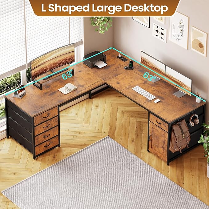 SEDETA L Shaped Desk, 63'' Corner Desk with 5 Drawer & Power Outlet, Larger Home Office Desk or Gaming Desk, L Shaped Corner Desk with Monitor Shelf, Storage Cabinet, Rustic Brown