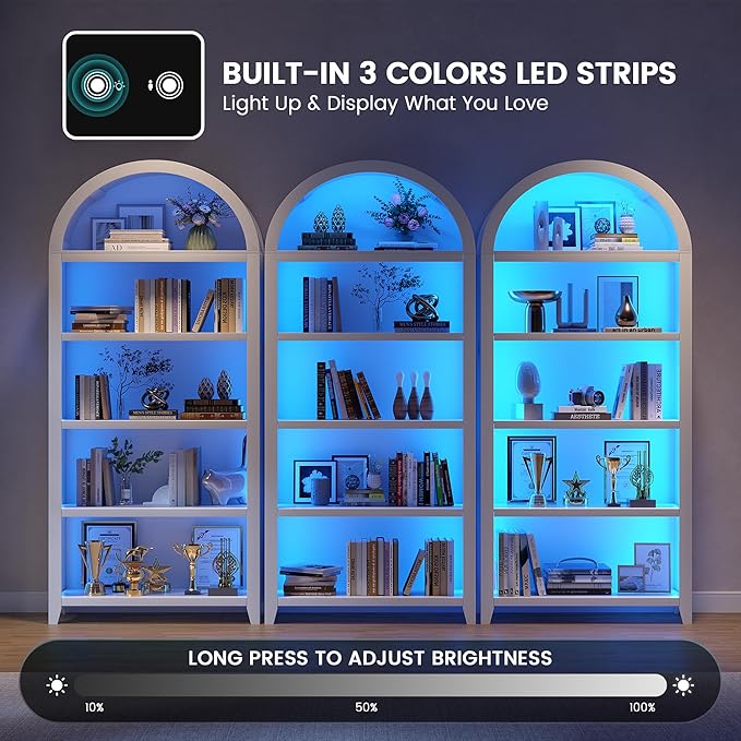 Arch Bookcase - 5 Tiers Bookshelf with 3 Colors LED Sensor Lights and Thickened Wooden Design Display Shelf for Lego Books Bathroom Living Room - Ideal Gift (White)