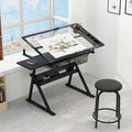 Garvee Drafting Table w/Stool, Height Adjustable Drawing Table, Multifunctional Art Craft Paintings Work Station w/2 Storage Drawers, 0-75° Tilting Glass Tabletop for Home Office, Black