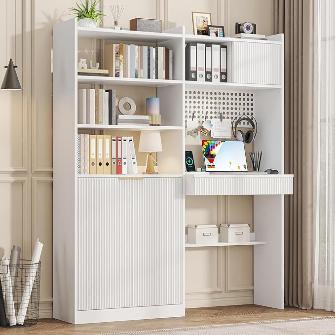 kepptory 63" Tall Computer Desk with Hutch, Fluted Wood Computer Desk, Featuring Charging Station, Drawer and Storage Cabinet, for Home Office Work and Study (White)