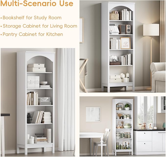 Arched Set of 2 Bookshelf with 5 Tier Open Shelves, 71" Tall Wood Bookcase with Adjustable Shelves, 24" Wide Floor Standing Display Storage Shelf for Home Office, Kitchen,Living Room, Modern White