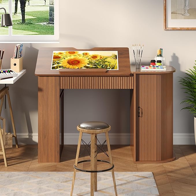 Drafting Table with Storage Cabinet & Drawers, Crafting Table with Open Shelves, Fluted Drawing Desk Computer Desk for Artists, Painters, Drawing, Crafting, Reading, Writing, Working