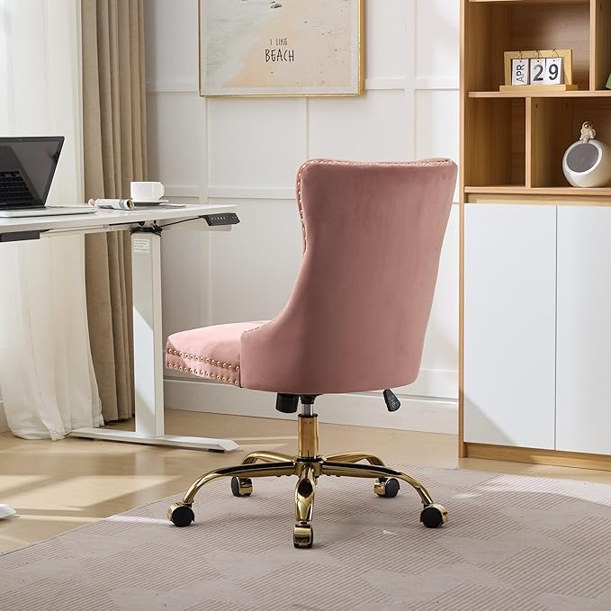 Goujxcy Desk Chair, Modern Velvet Upholstered Tufted Button Home Office Chair, 360° Swivel Armless Desk Chairs, 120°Rocking Ergonomic Computer Task Vanity Chairs, Pink