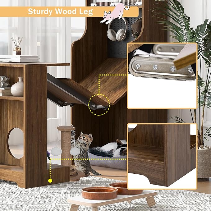 Fold-Out Convertible Office Table, Space-Saving Folding Writing Desk with Hutch & Storage Shelves, Pet-Friendly Foldable Computer Desk with Free Cat Bed for Small Spaces (Walnut)