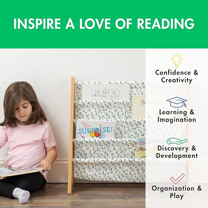 Humble Crew 4-Tier Kids Bookshelf, Natural/White/Green - Premium Book Shelf for Kids Rooms with Four Deep Pockets - Toddler Sling Book Rack with Deep Sleeves, Nursery Bookcase Organizer