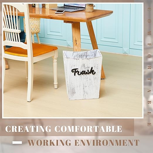 Maxcheck 2 Pcs Farmhouse Bathroom Wood Trash Can, 2 Sizes (3.35/2 Gallons) Rustic Square Wastebasket Bin with Convenient Handle for Bathroom, Kitchen, Bedroom, Office(White)