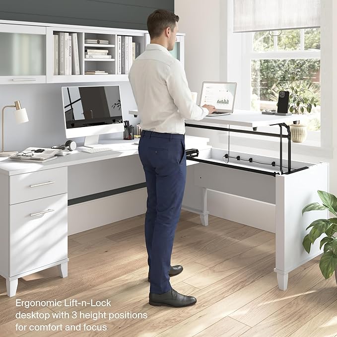 Bush Furniture Somerset 72W 3 Position Sit to Stand L Shaped Desk with Hutch in White | Adjustable Height Table for Home Office