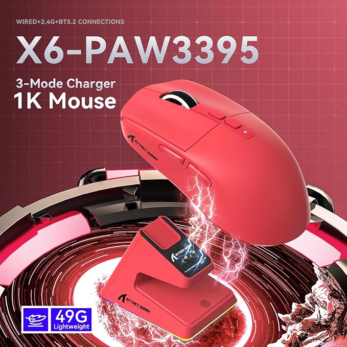 ATTACK SHARK X6 Lightweight Wireless Gaming Mouse with RGB Backlight Charging Base,Tri-Mode Wired/2.4GHz/BT5.2,26K DPI, PAW3395 Optical Sensor,HUANO Switch,5programmable Buttons,PC/Mac(Red)