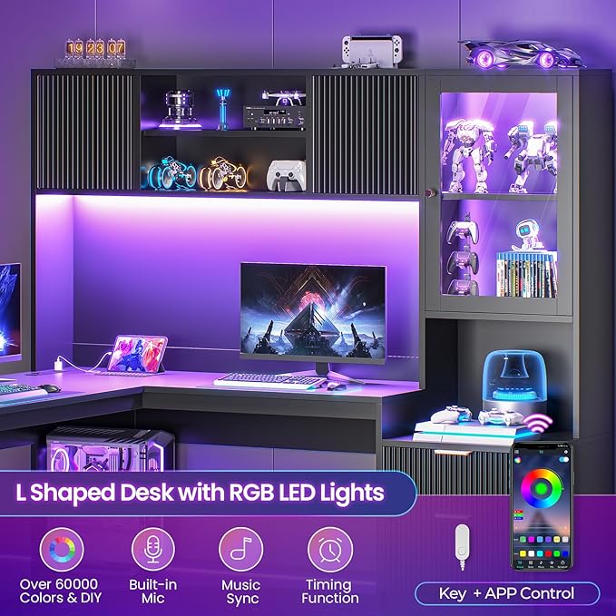 SEDETA 67" x 65" L Shaped Desk with Hutch, RGB LED Corner Computer Desk with Power Outlets, Fluted Home Office Desk with File Drawer, Storage & Glass Display Cabinets for Gaming & Working, Black