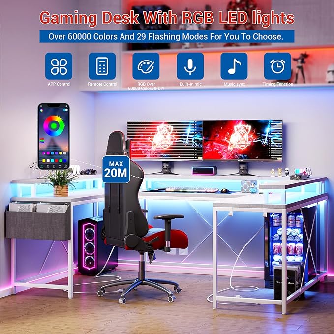 Jojoka U-Shaped Computer Desk with Power Outlets & RGB LED Lights - Reversible l-Shaped Office Desk, Full Monitor Stand, Modern Home Office Workstation, 600lbs Capacity 79",Game Desk, Multiple Colors