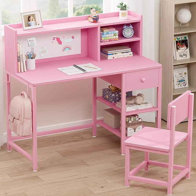 BOLUO Pink Kids Desk and Chair Set for 6-12 Year Old, Children Study Desk with Hutch and Storage Shelf, Student Writing Table with Fabric Drawer for Girls Boys