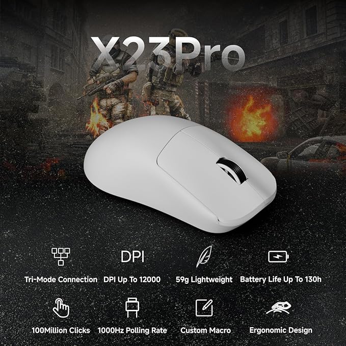 EWEAND X23 Pro Gaming Mouse, Tri-Mode 2.4G/USB-C/BT 5.4 Wireless Mouse, PAW3311 Sensor, 12000 DPI, 59g Lightweight, 1ms Response, Anti-Slip Grip Tape Included Computer Mouse for Laptop/PC/Mac-White