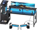 DUMOS L Shaped Gaming Desk with Shelves Storage Drawers 58'', Black Computer Desks with LED Lights Power Outlets, Office Wood Table with PC Stand Cable Management for Bedroom Dual Monitor Streaming