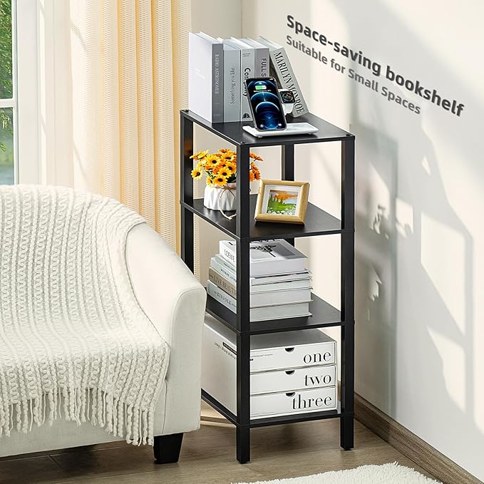 YUFAM 4 Tier Tall Wooden Bookshelf with Storage - Small Bookcase for Small Spaces, Shelf for Living Room, Office, Bedroom, Kitchen - Industrial Modern Black Book Shelf