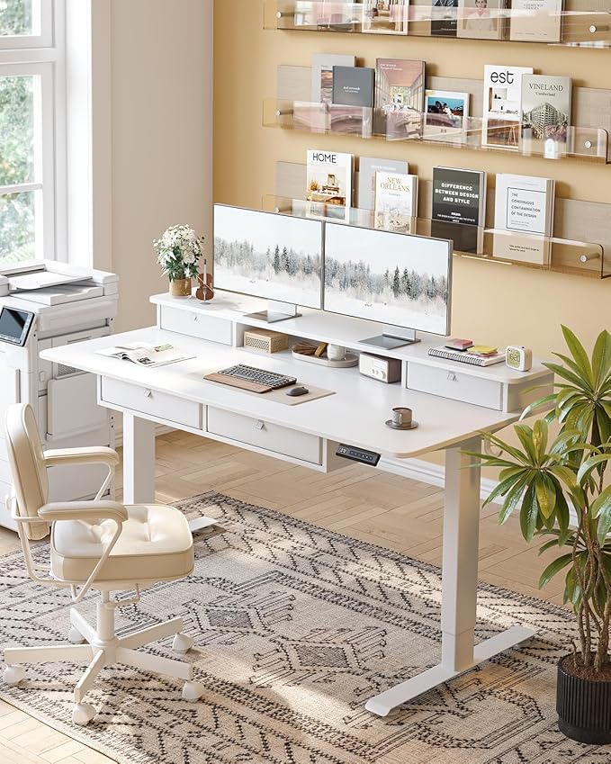 CubiCubi 48" x 24" Standing Desk with Drawers, Height Adjustable Electric Workstation, Computer Sit Stand Up Table with Large Storage Shelf 4 Drawers and 2 Hooks, White