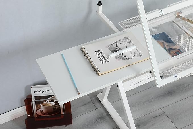 Glass Drafting Table Art Desk – Adjustable Professhional Artwork Drawing Drafting Table Desk, Glass-Topped Art Table for Craft Station Studio Home Office School w/Drawers (White)