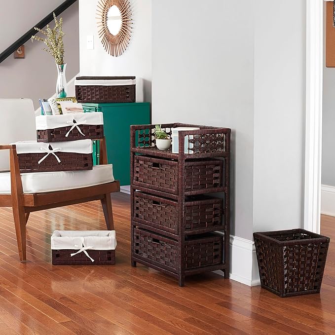 Household Essentials Woven Waste Basket, 3 Gallons, HandWoven Paper Rope with Removable Plastic Liner, Durable Wood Frame, Wide and Open Top for Easy Access, Decorative, Brown