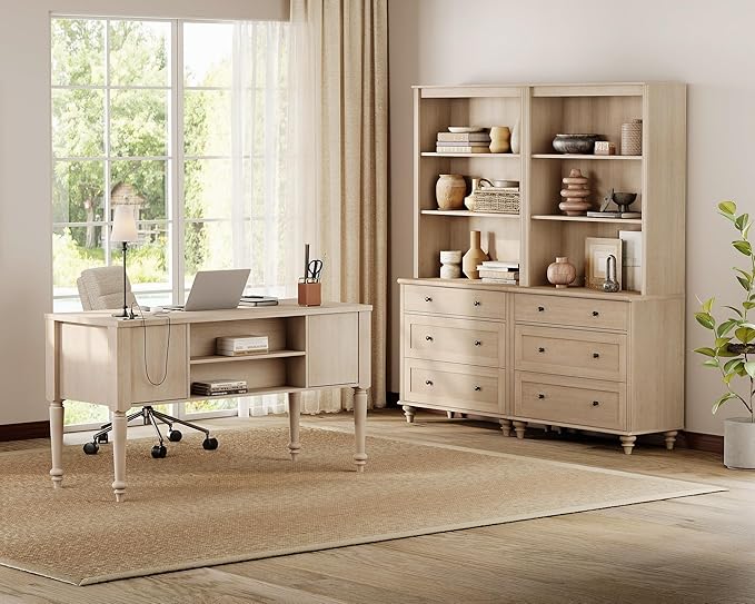 WAMPAT Home Office Furniture Set, 56'' Executive Desk with Charging Station, 72" Tall Bookcase with 6 Drawers, Wood Computer Desk with File Cabinet Storage, Open Shelf, Light Oak