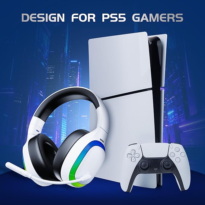 2.4Ghz Wireless Gaming Headset for PS5, PS4, PC, Mac, Bluetooth 5.4 Gaming Headphones with Noise Canceling Mic, 70H Battery, Surround Sound, Lay-Flat & Foldable - RGB White