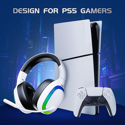 2.4Ghz Wireless Gaming Headset for PS5, PS4, PC, Mac, Bluetooth 5.4 Gaming Headphones with Noise Canceling Mic, 70H Battery, Surround Sound, Lay-Flat & Foldable - RGB White