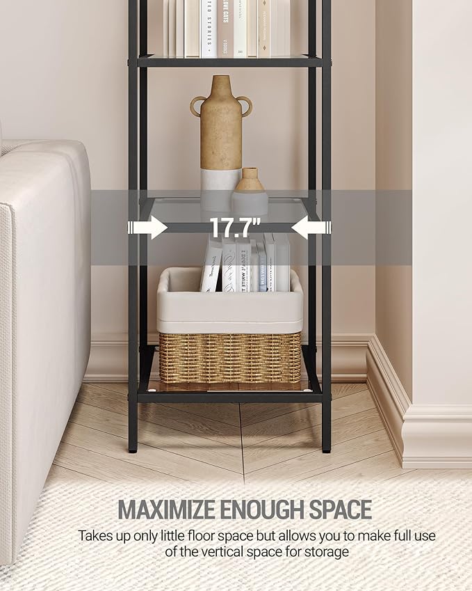 Hzuaneri Bookcase Bookshelf, Tempered Glass Arched Bookshelf for More Storage, Slim Shelving Unit for Bedroom, Bathroom, Home Office, Steel Frame, 5 Tier Black BC20599B
