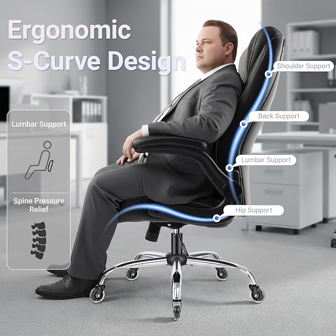 Big and Tall Office Chair for Heavy People, 500LBS High Back Extra Wide Executive PU Leather Office Chair with Flip-Up Armrests, Quiet Rubber Wheels, Comfortable Home Office Desk Chair (Black)
