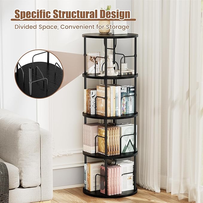 ALLSTAND Rotating Bookshelf, 4 Tier Spinning Bookshelf Tower, 360° Display Round Bookcase, Floor Standing Corner Revolving Bookshelf Organizer Storage Rack for Small Spaces, Home Study Office, Black