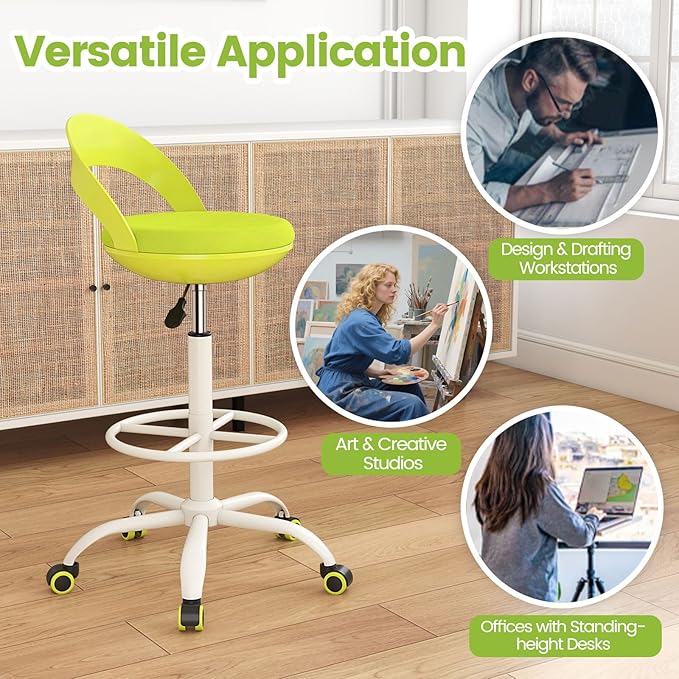 Giantex Drafting Chair Set of 2 with Back, Tall Office Chair with Footrest & Adjustable Height, Ergonomic Standing Desk Chair for Counter Height Desk, Home Kitchen, Green